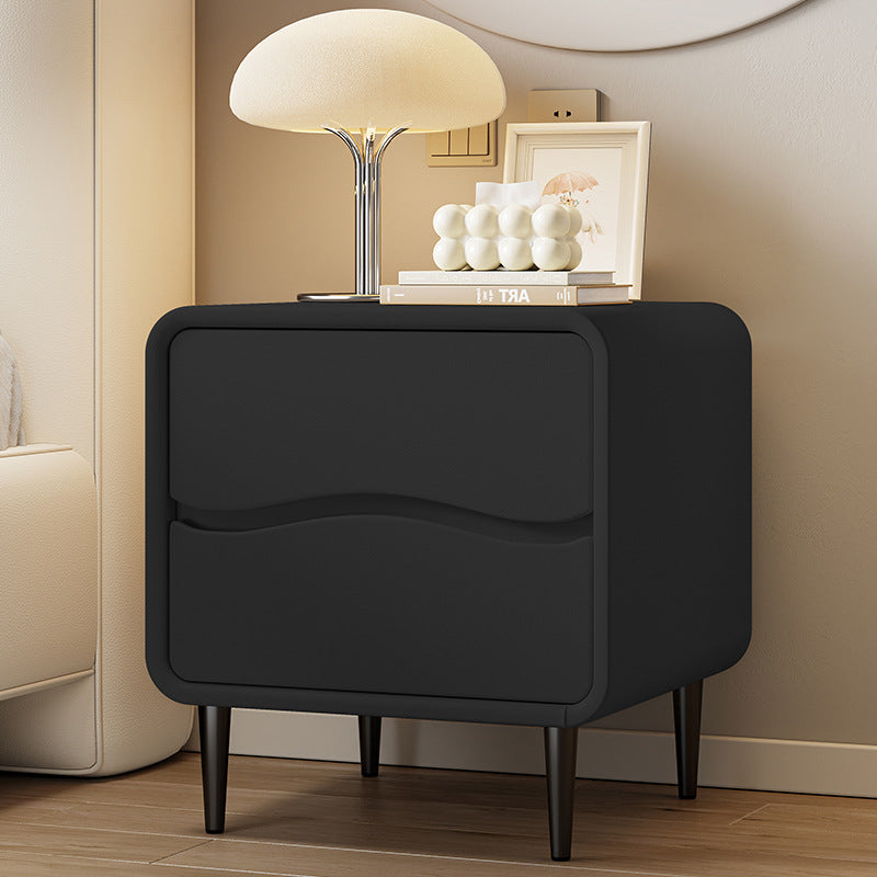 Modern Minimalist Microfiber Leather & Wood Square Nightstand With 2 Drawers For Bedroom And Living Room