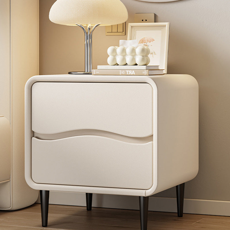 Modern Minimalist Microfiber Leather & Wood Square Nightstand With 2 Drawers For Bedroom And Living Room