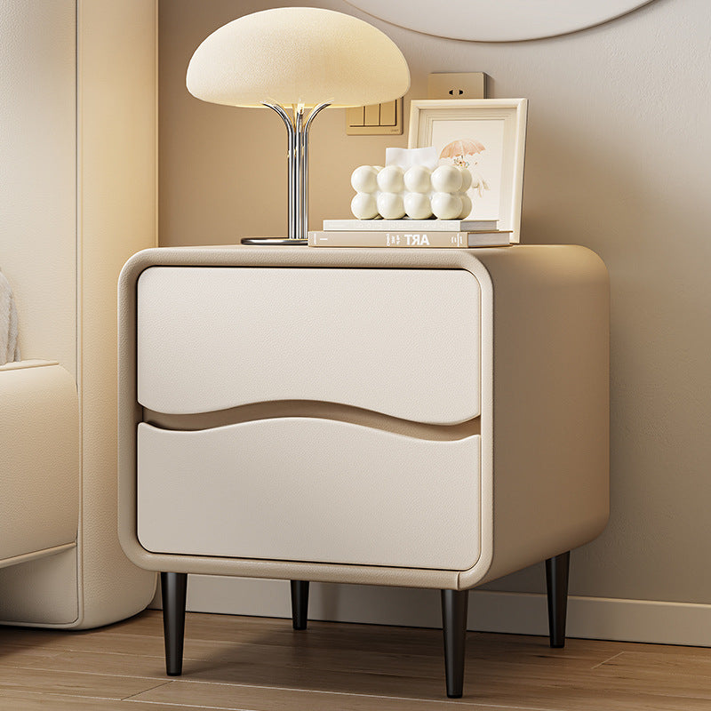Modern Minimalist Microfiber Leather & Wood Square Nightstand With 2 Drawers For Bedroom And Living Room