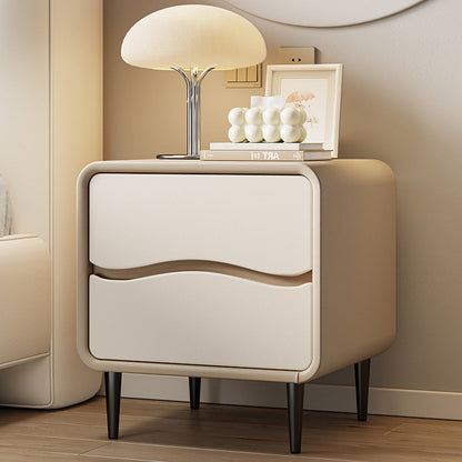 Modern Minimalist Microfiber Leather & Wood Square Nightstand With 2 Drawers For Bedroom And Living Room