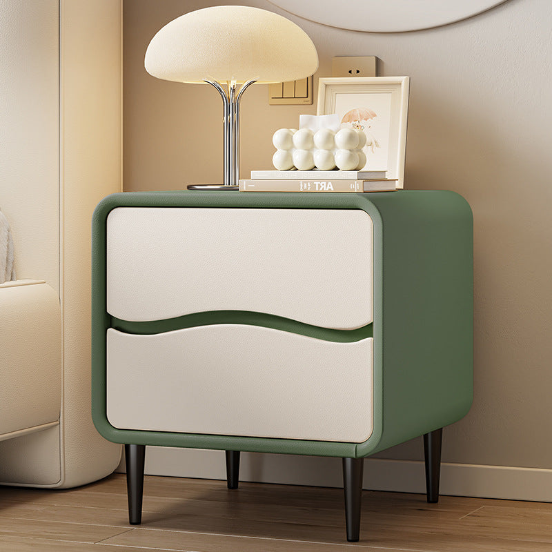 Modern Minimalist Microfiber Leather & Wood Square Nightstand With 2 Drawers For Bedroom And Living Room