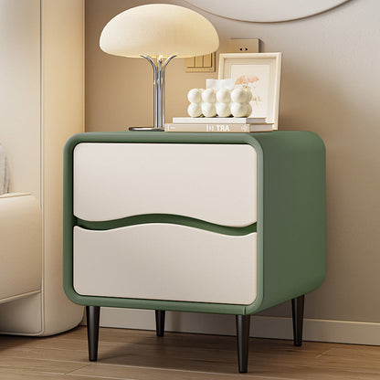 Modern Minimalist Microfiber Leather & Wood Square Nightstand With 2 Drawers For Bedroom And Living Room