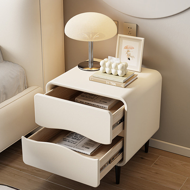 Modern Minimalist Microfiber Leather & Wood Square Nightstand With 2 Drawers For Bedroom And Living Room