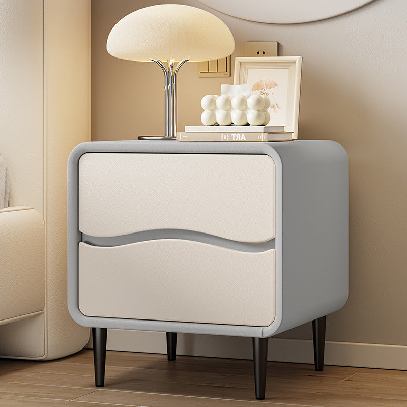 Modern Minimalist Microfiber Leather & Wood Square Nightstand With 2 Drawers For Bedroom And Living Room