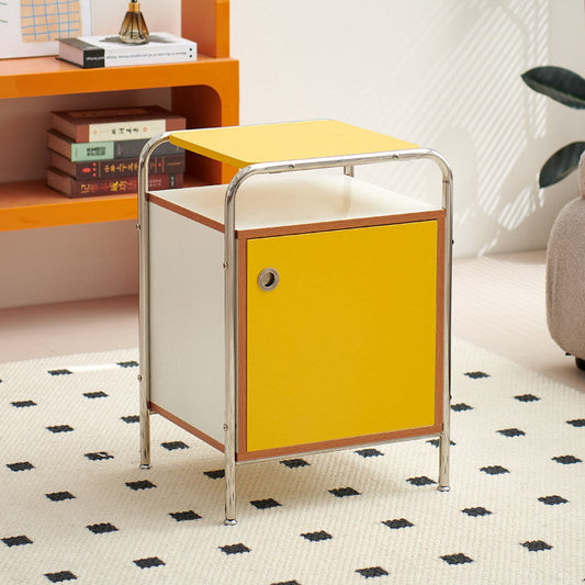 Contemporary Nordic Plank & Stainless Steel Rectangular Nightstand With 1-Cabinet For Bedroom And Living Room