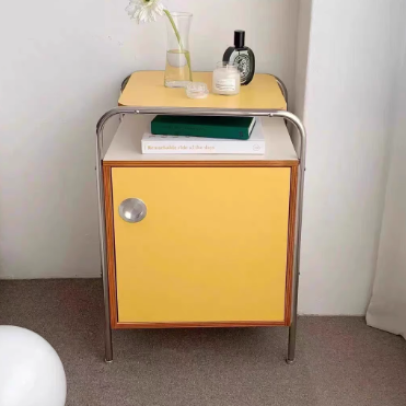 Contemporary Nordic Plank & Stainless Steel Rectangular Nightstand With 1-Cabinet For Bedroom And Living Room