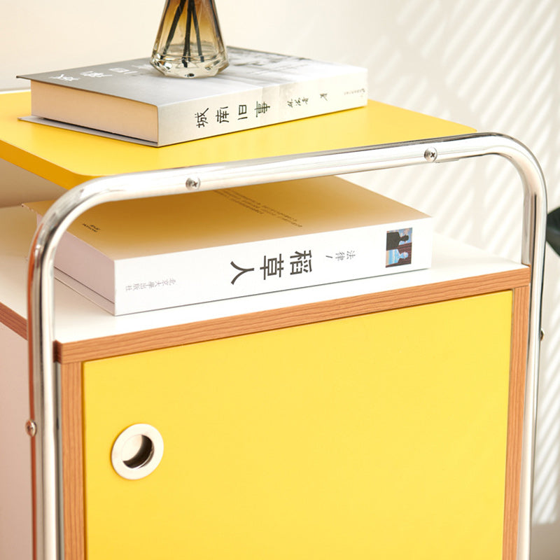 Contemporary Nordic Plank & Stainless Steel Rectangular Nightstand With 1-Cabinet For Bedroom And Living Room