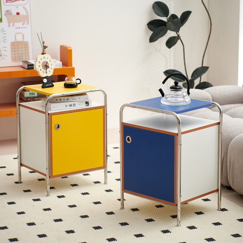 Contemporary Nordic Plank & Stainless Steel Rectangular Nightstand With 1-Cabinet For Bedroom And Living Room