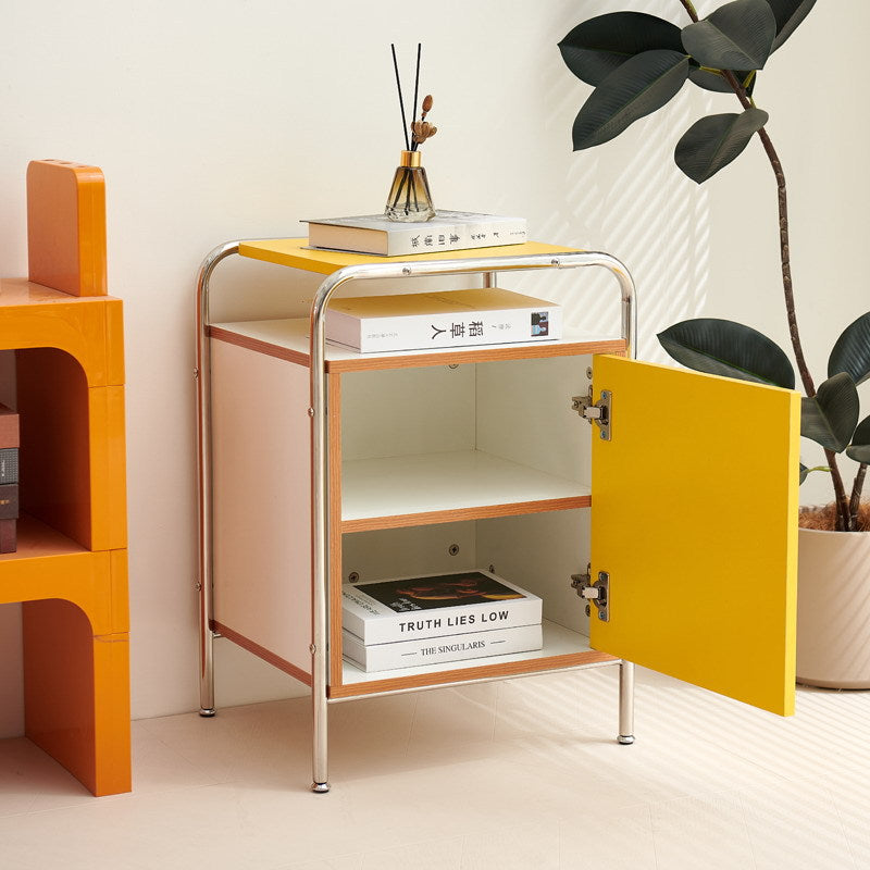 Contemporary Nordic Plank & Stainless Steel Rectangular Nightstand With 1-Cabinet For Bedroom And Living Room