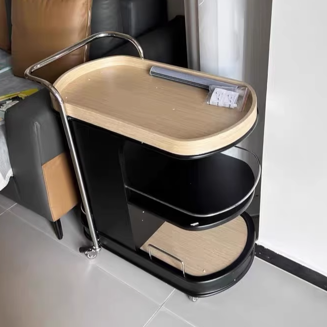 Contemporary Nordic MDF & Stainless Steel Oval Rolling Side Table 3-Tier For Bedroom And Living Room