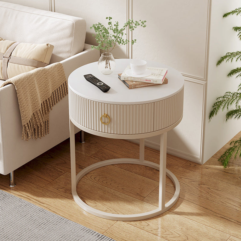 Modern Minimalist Rock Slab & Carbon Steel Round Side Table With 1-Drawer For Bedroom & Living Room