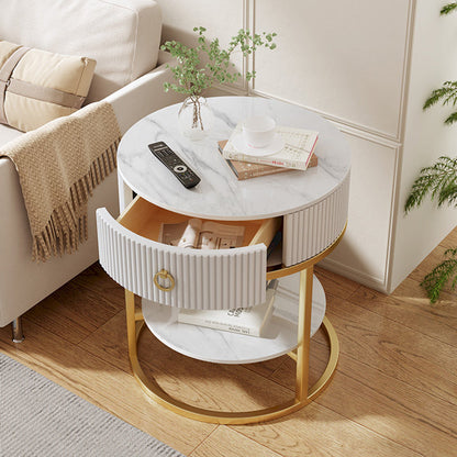 Modern Minimalist Rock Slab & Carbon Steel Round Side Table With 1-Drawer For Bedroom & Living Room