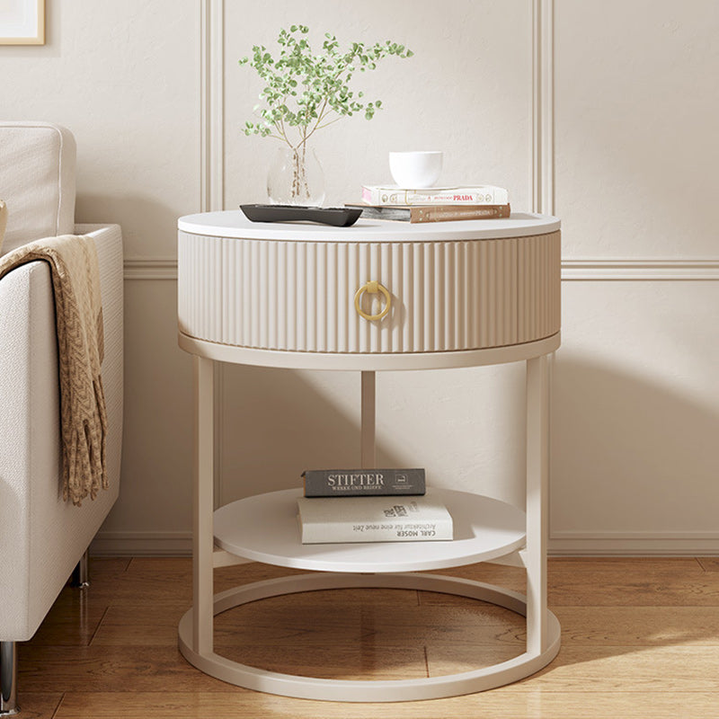 Modern Minimalist Rock Slab & Carbon Steel Round Side Table With 1-Drawer For Bedroom & Living Room