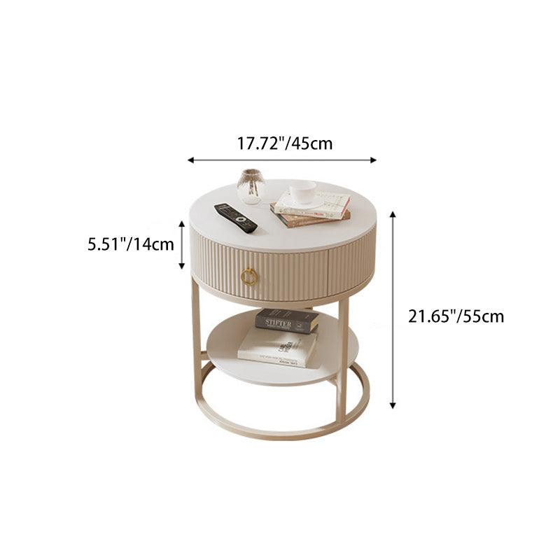 Modern Minimalist Rock Slab & Carbon Steel Round Side Table With 1-Drawer For Bedroom & Living Room