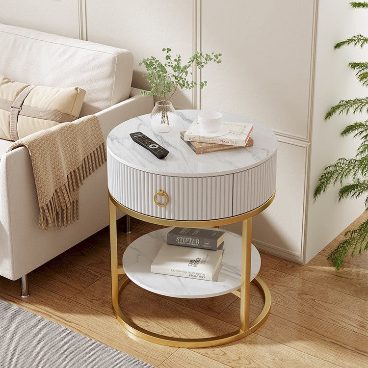 Modern Minimalist Rock Slab & Carbon Steel Round Side Table With 1-Drawer For Bedroom & Living Room