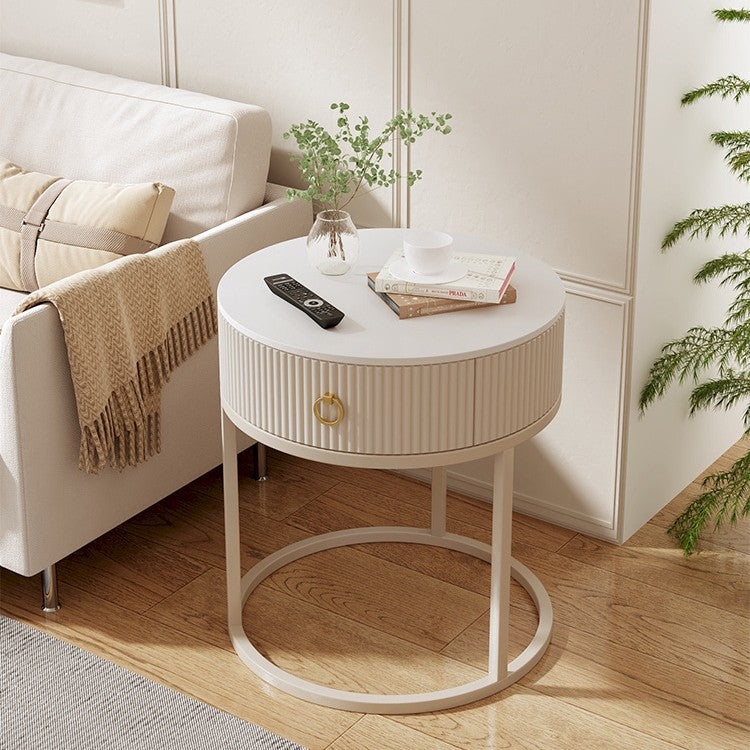 Modern Minimalist Rock Slab & Carbon Steel Round Side Table With 1-Drawer For Bedroom & Living Room