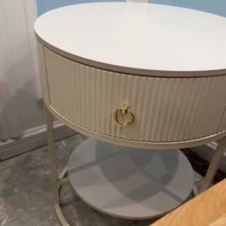 Modern Minimalist Rock Slab & Carbon Steel Round Side Table With 1-Drawer For Bedroom & Living Room