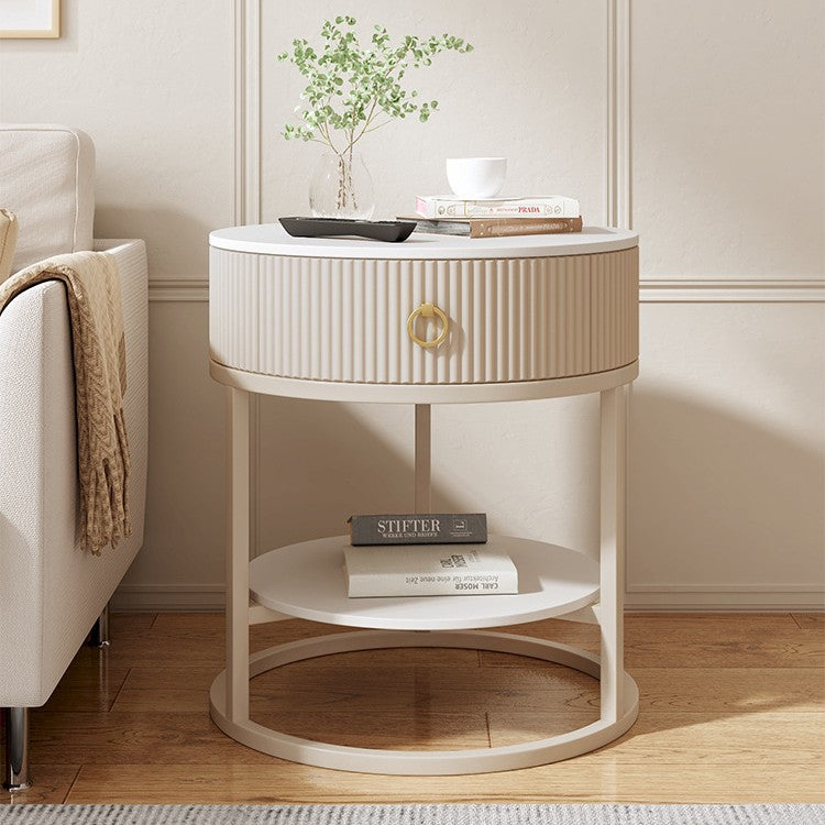 Modern Minimalist Rock Slab & Carbon Steel Round Side Table With 1-Drawer For Bedroom & Living Room
