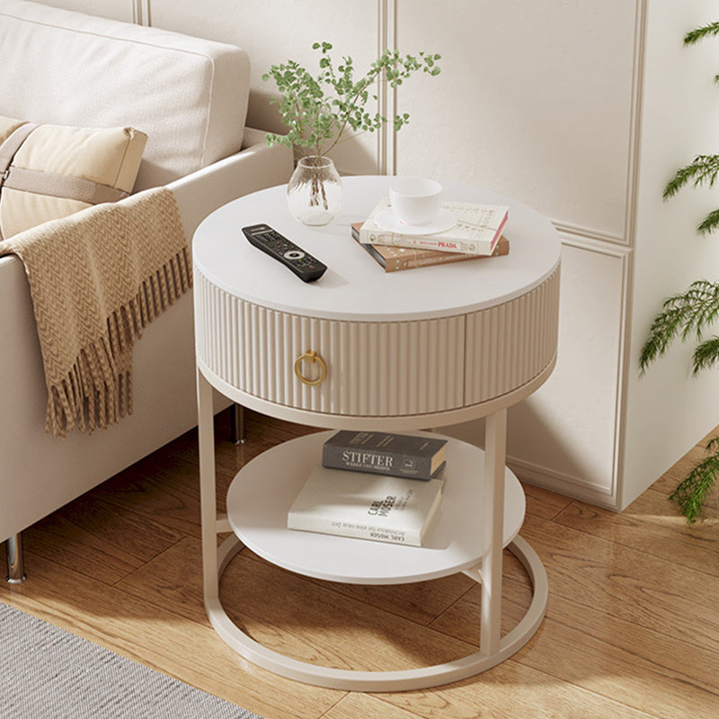 Modern Minimalist Rock Slab & Carbon Steel Round Side Table With 1-Drawer For Bedroom & Living Room