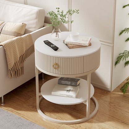 Modern Minimalist Rock Slab & Carbon Steel Round Side Table With 1-Drawer For Bedroom & Living Room