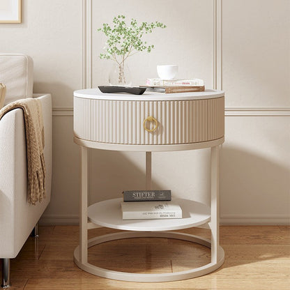 Modern Minimalist Rock Slab & Carbon Steel Round Side Table With 1-Drawer For Bedroom & Living Room