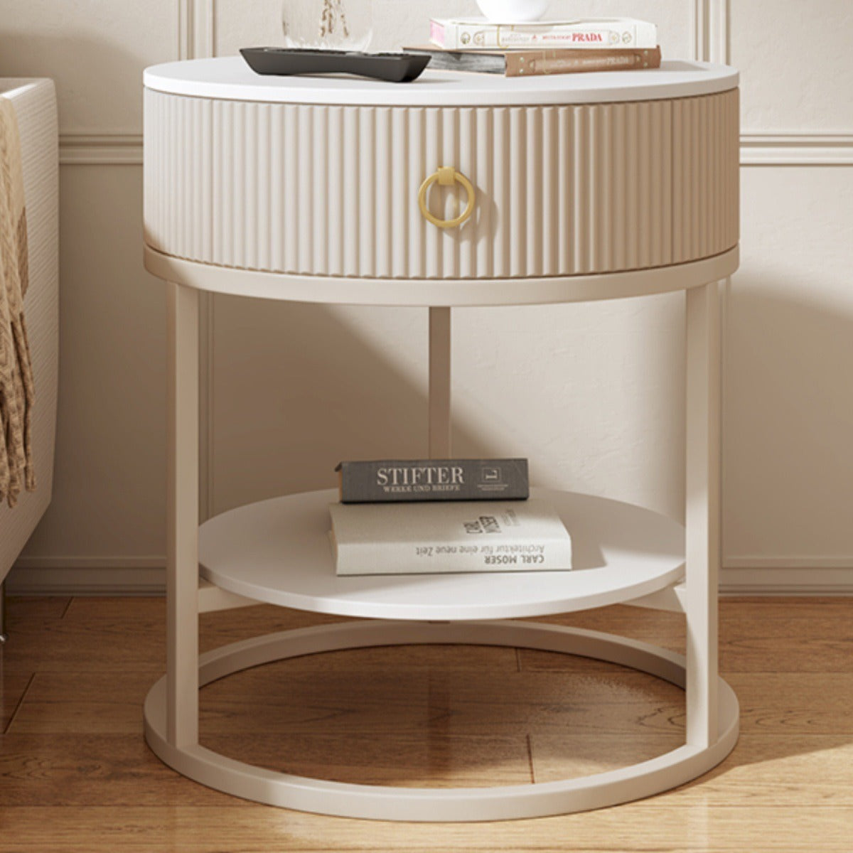 Modern Minimalist Rock Slab & Carbon Steel Round Side Table With 1-Drawer For Bedroom & Living Room