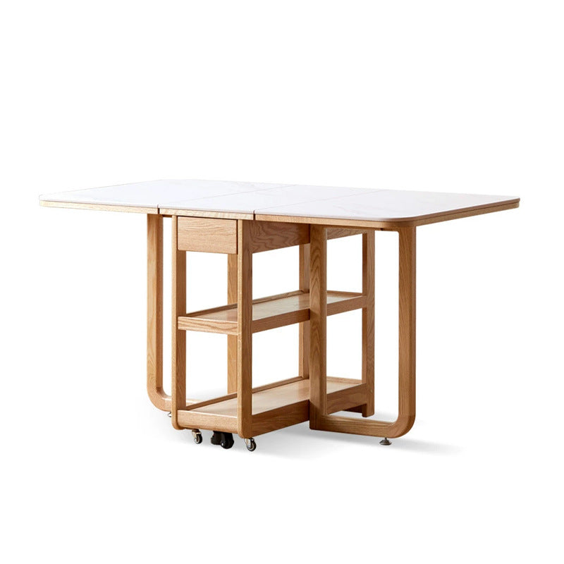 Modern Minimalist Rock Slab & Oak Rectangular Foldable Dining Table For 2-4 Seats