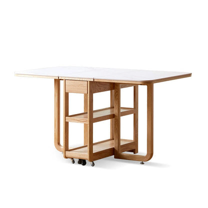 Modern Minimalist Rock Slab & Oak Rectangular Foldable Dining Table For 2-4 Seats