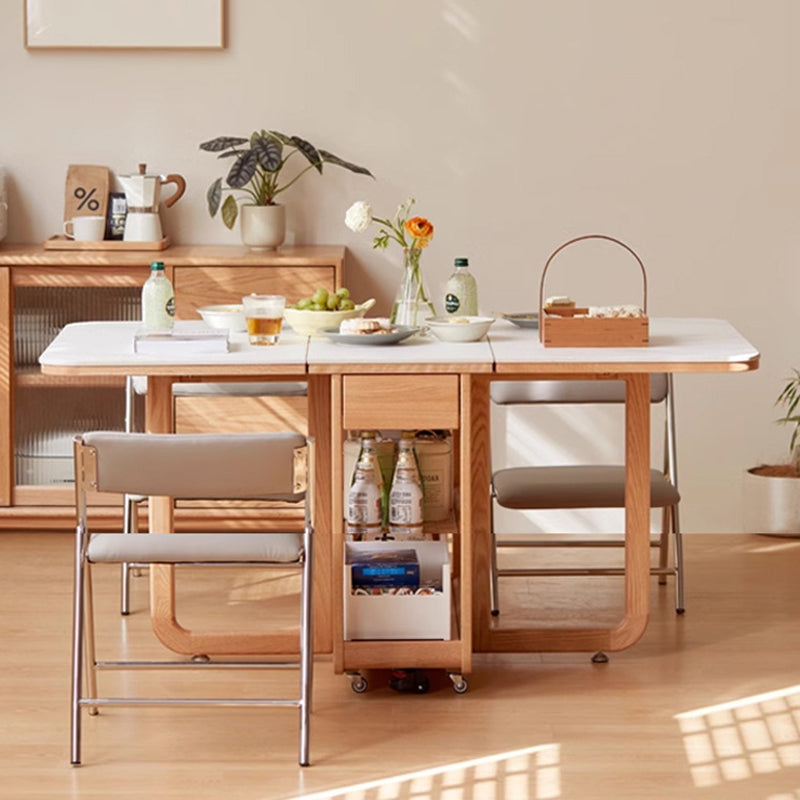Modern Minimalist Rock Slab & Oak Rectangular Foldable Dining Table For 2-4 Seats