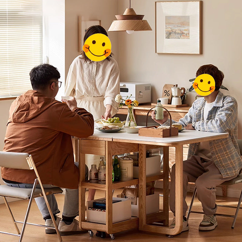 Modern Minimalist Rock Slab & Oak Rectangular Foldable Dining Table For 2-4 Seats
