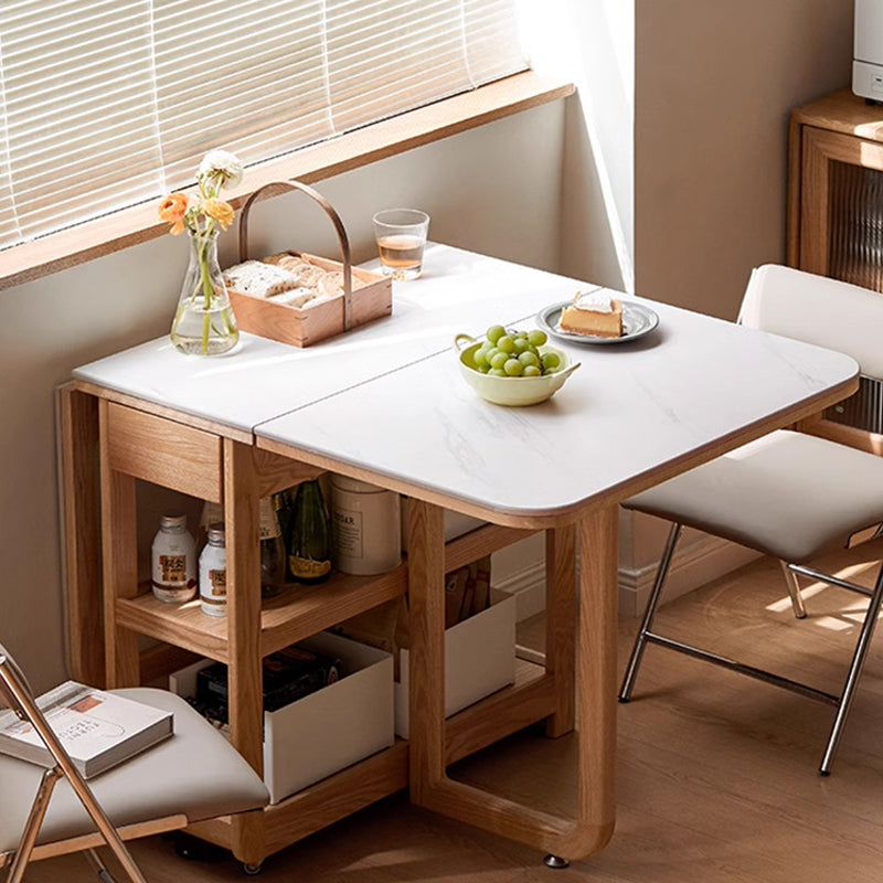 Modern Minimalist Rock Slab & Oak Rectangular Foldable Dining Table For 2-4 Seats