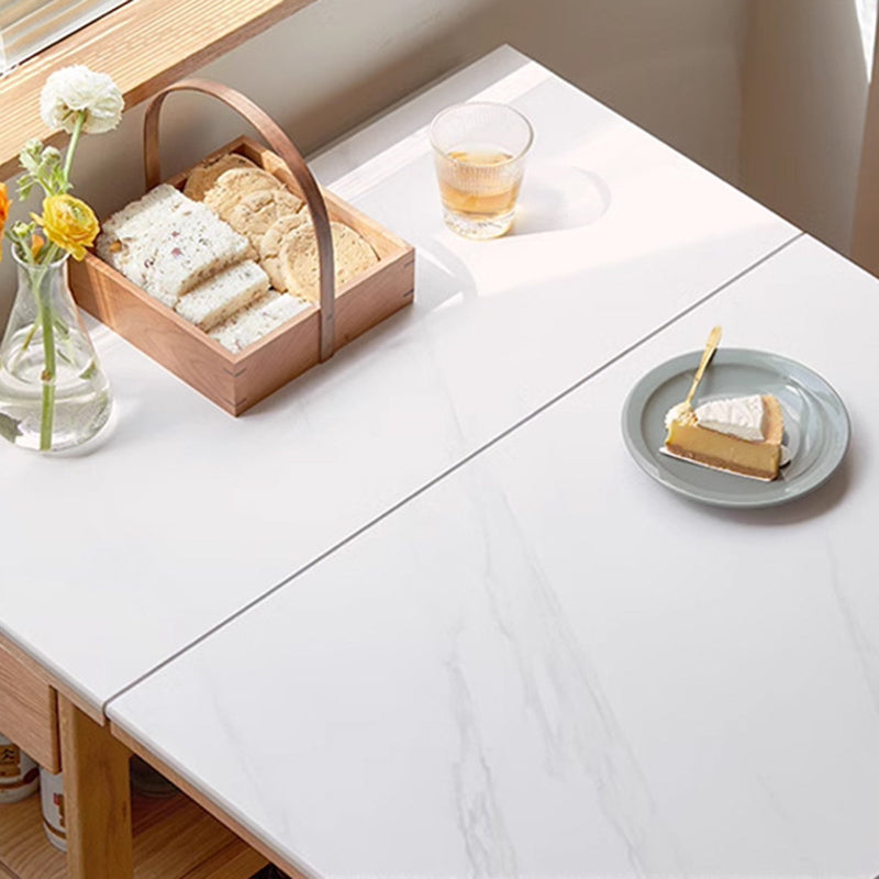 Modern Minimalist Rock Slab & Oak Rectangular Foldable Dining Table For 2-4 Seats