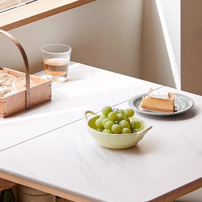 Modern Minimalist Rock Slab & Oak Rectangular Foldable Dining Table For 2-4 Seats