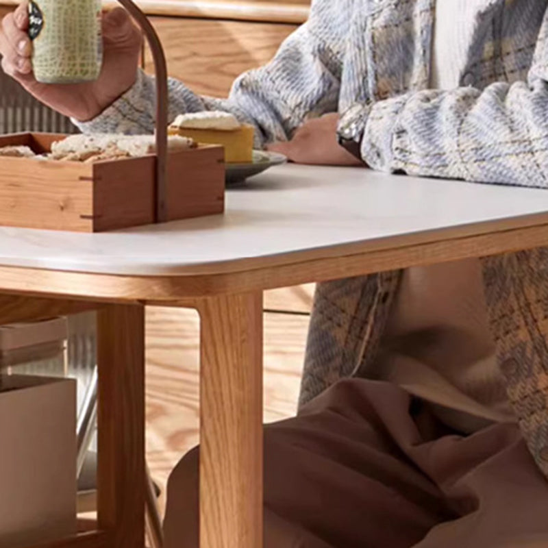 Modern Minimalist Rock Slab & Oak Rectangular Foldable Dining Table For 2-4 Seats