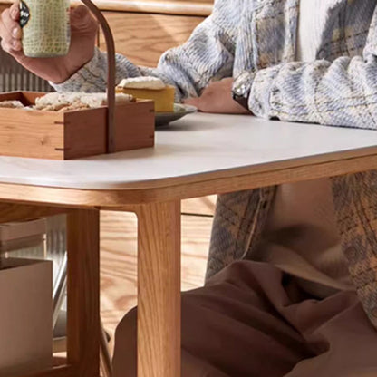 Modern Minimalist Rock Slab & Oak Rectangular Foldable Dining Table For 2-4 Seats