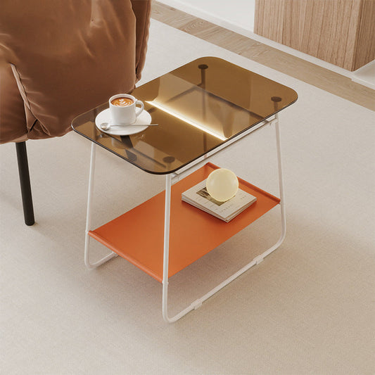 Modern Minimalist Glass & Carbon Steel Rectangular Side Table With 2-Tier Storage For Bedroom & Living Room