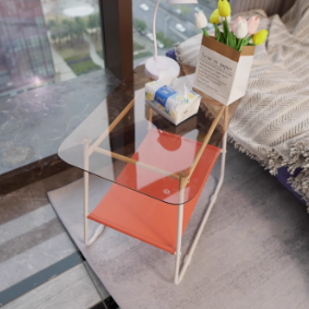 Modern Minimalist Glass & Carbon Steel Rectangular Side Table With 2-Tier Storage For Bedroom & Living Room