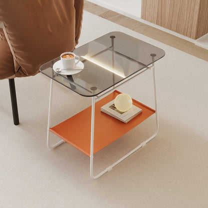 Modern Minimalist Glass & Carbon Steel Rectangular Side Table With 2-Tier Storage For Bedroom & Living Room