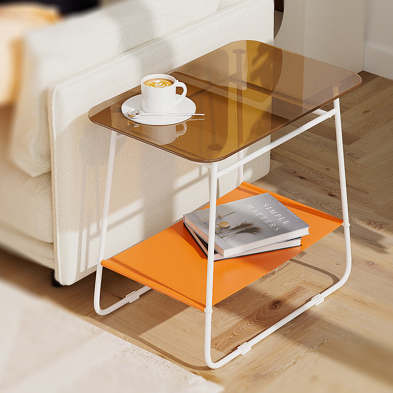 Modern Minimalist Glass & Carbon Steel Rectangular Side Table With 2-Tier Storage For Bedroom & Living Room