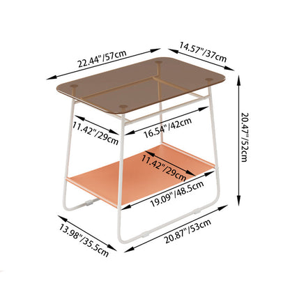 Modern Minimalist Glass & Carbon Steel Rectangular Side Table With 2-Tier Storage For Bedroom & Living Room
