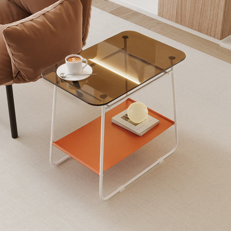 Modern Minimalist Glass & Carbon Steel Rectangular Side Table With 2-Tier Storage For Bedroom & Living Room