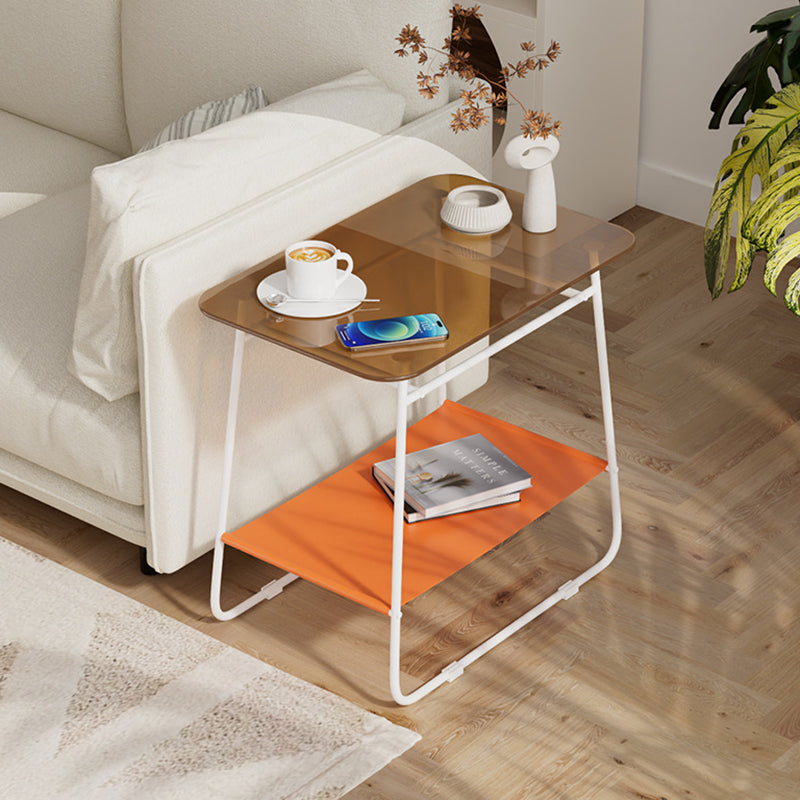 Modern Minimalist Glass & Carbon Steel Rectangular Side Table With 2-Tier Storage For Bedroom & Living Room
