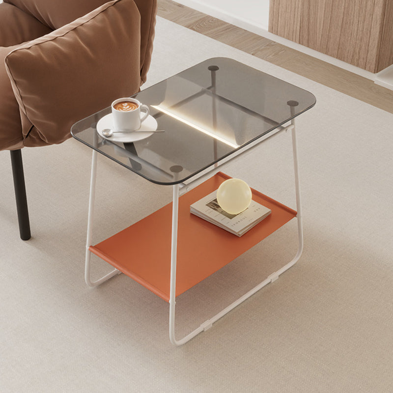 Modern Minimalist Glass & Carbon Steel Rectangular Side Table With 2-Tier Storage For Bedroom & Living Room