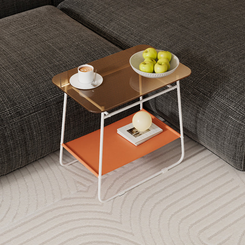 Modern Minimalist Glass & Carbon Steel Rectangular Side Table With 2-Tier Storage For Bedroom & Living Room