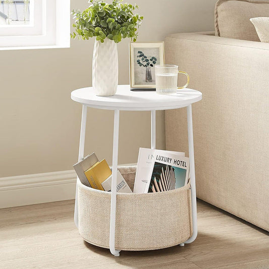 Modern Minimalist Metal Round Side Table With Fabric Basket Storage 2-Tier For Bedroom & Living Room