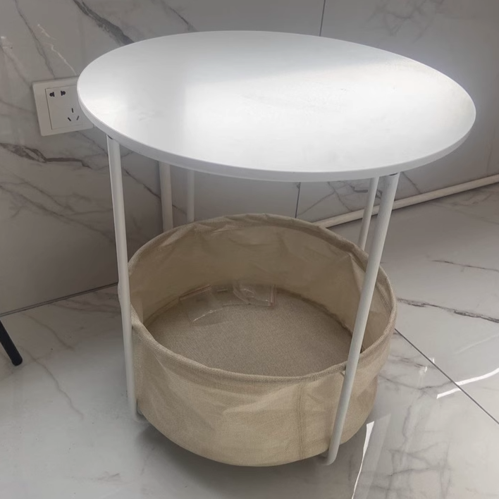 Modern Minimalist Metal Round Side Table With Fabric Basket Storage 2-Tier For Bedroom & Living Room