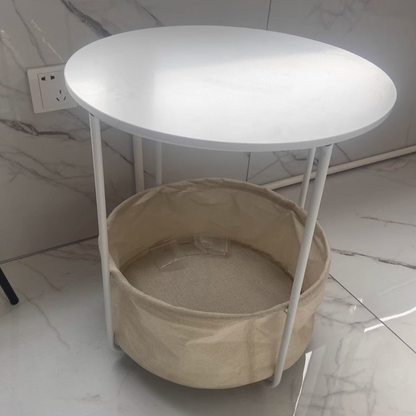 Modern Minimalist Metal Round Side Table With Fabric Basket Storage 2-Tier For Bedroom & Living Room