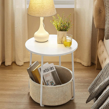 Modern Minimalist Metal Round Side Table With Fabric Basket Storage 2-Tier For Bedroom & Living Room