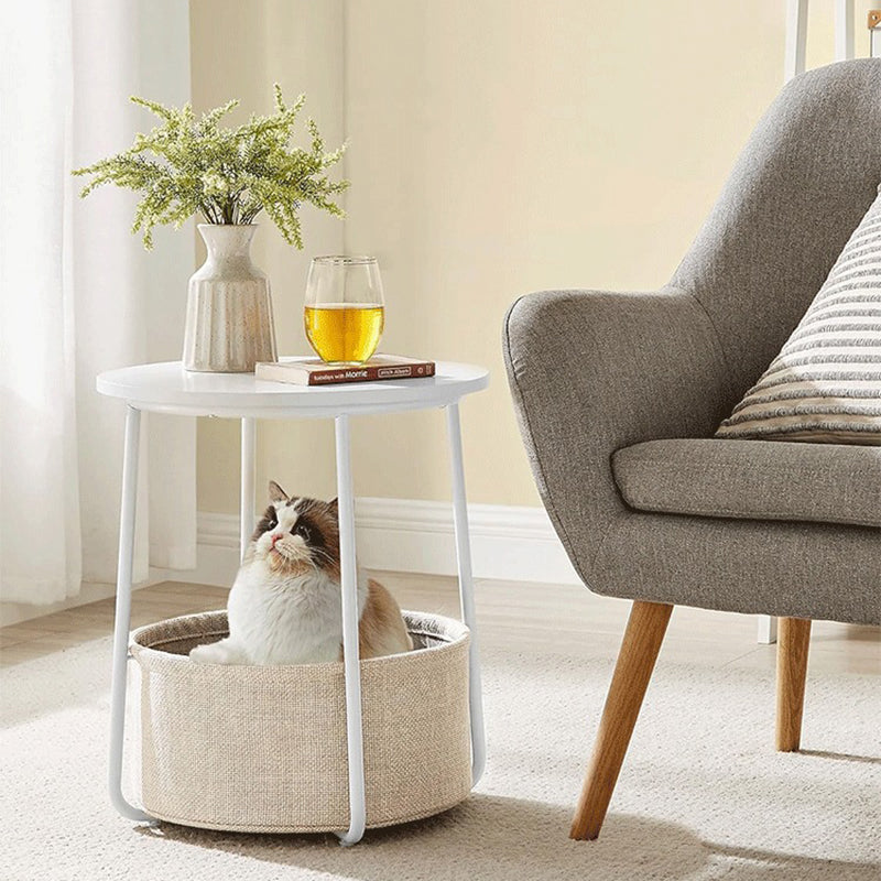 Modern Minimalist Metal Round Side Table With Fabric Basket Storage 2-Tier For Bedroom & Living Room