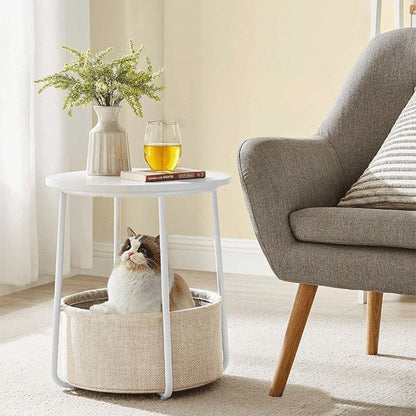 Modern Minimalist Metal Round Side Table With Fabric Basket Storage 2-Tier For Bedroom & Living Room
